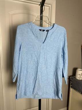 Lands' End Light Blue Linen Split Neck 3/4 Sleeve Tunic Top, Size XS#319